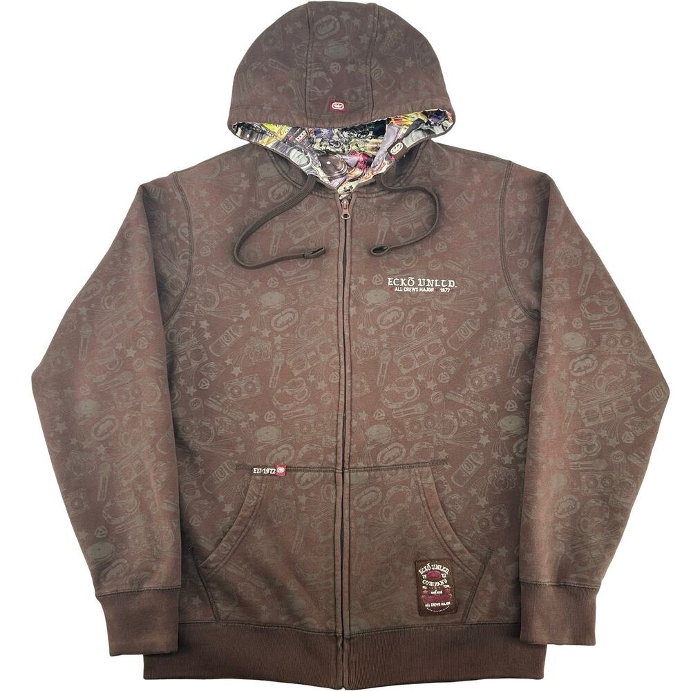 Vintage y2k Mens Brown Ecko Unltd. AOP Hip Hop Full Zip Hoodie Sweatshirt Size L